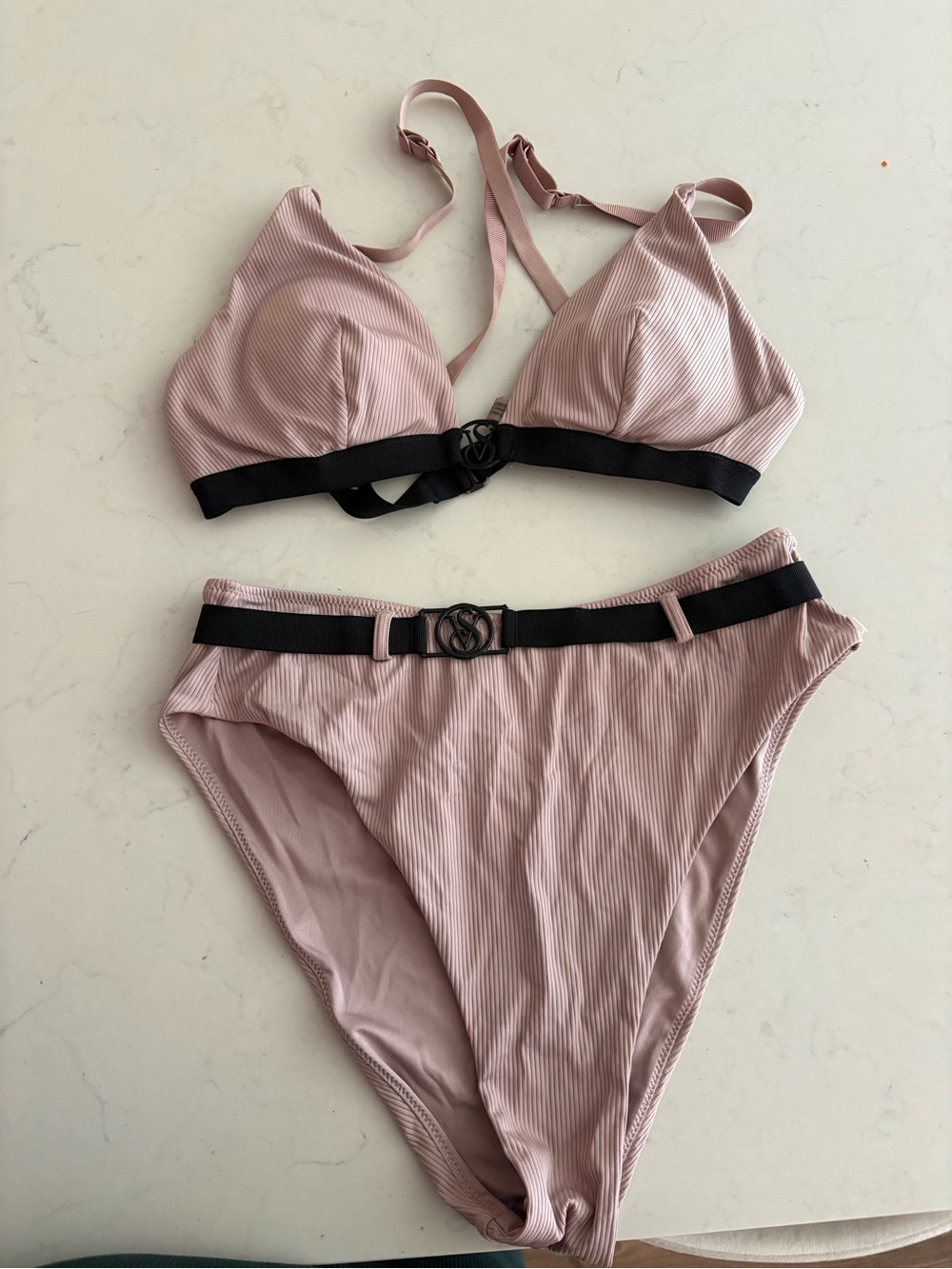 Victoria's Secret Dusty Pink Ribbed Bikini with Black Trim